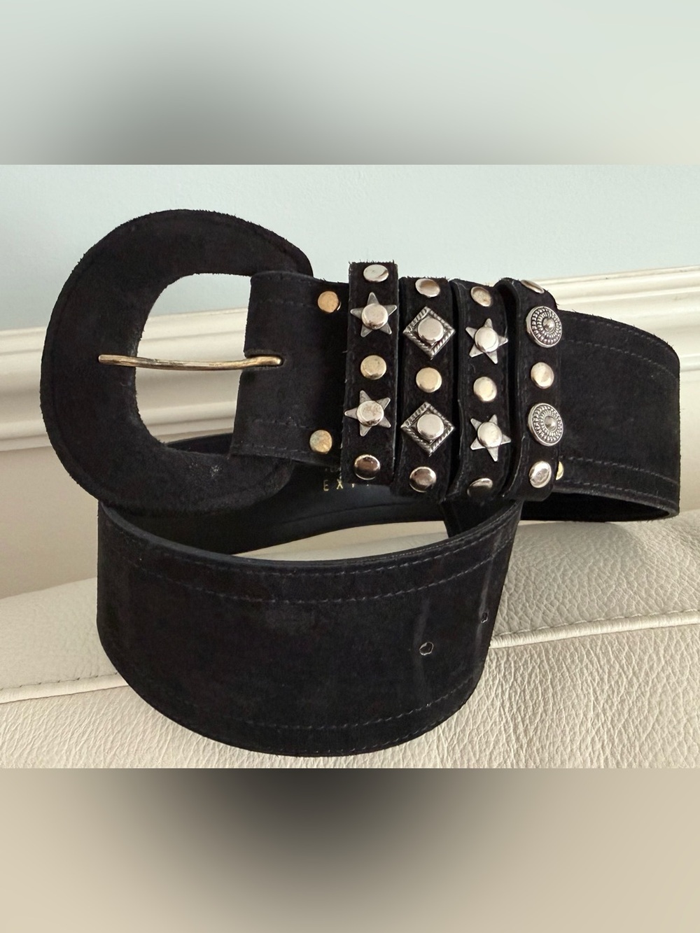 Y2K Express Suede Black Studded Women's Belt w/Mixed Metal Accents sz M 29-33 in